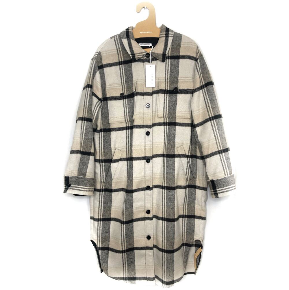 Reformation Ainslie Jacket Black Grey Stripe Plaid Wool Blend Long XL NWT